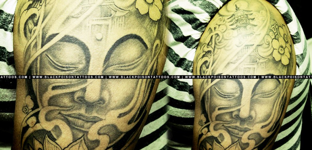Full Sleeve Tattoo of Lord Buddha with Buddhist Temple & Lotus