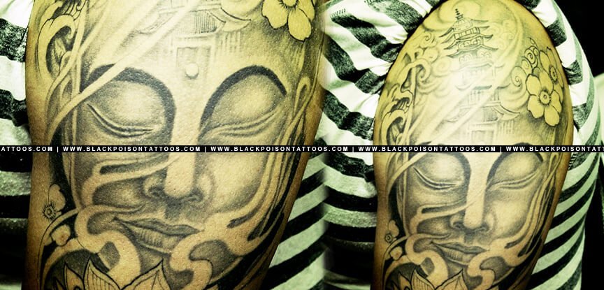 Full Sleeve Tattoo of Lord Buddha with Buddhist Temple & Lotus