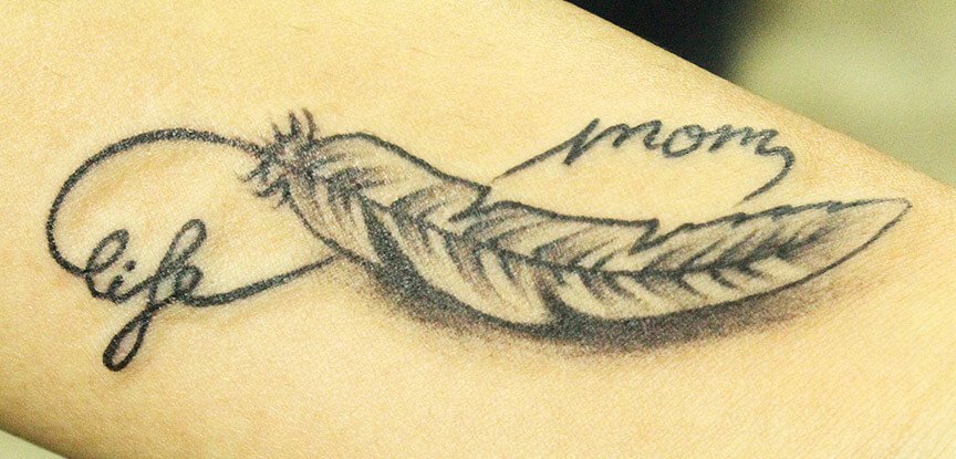 Beautiful Infinity Feather Tattoo with Lettering Design