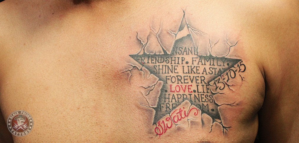 3D Star Tattoo with Nice Words Inked by Black Poison Tattoos
