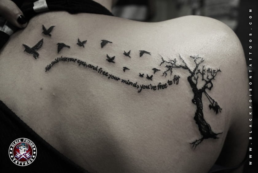 Tattoo of Flying Birds from Tree - Black Poison Tattoos