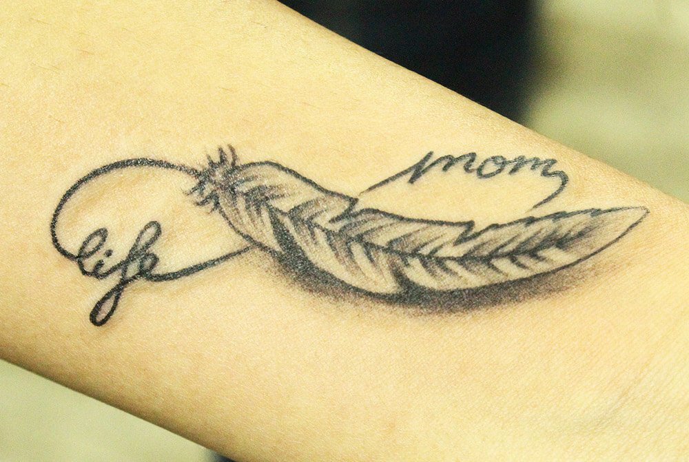 Beautiful Infinity Feather Tattoo with Lettering Design